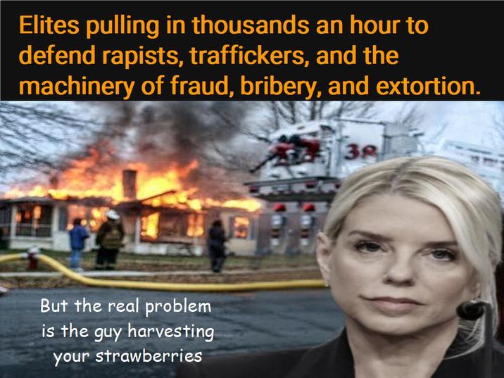 Elites pulling in thousands an hour to defend rapists, traffickers, and the machinery of fraud, bribery, and extortion. 38 But the real problem is the guy harvesting your strawberries