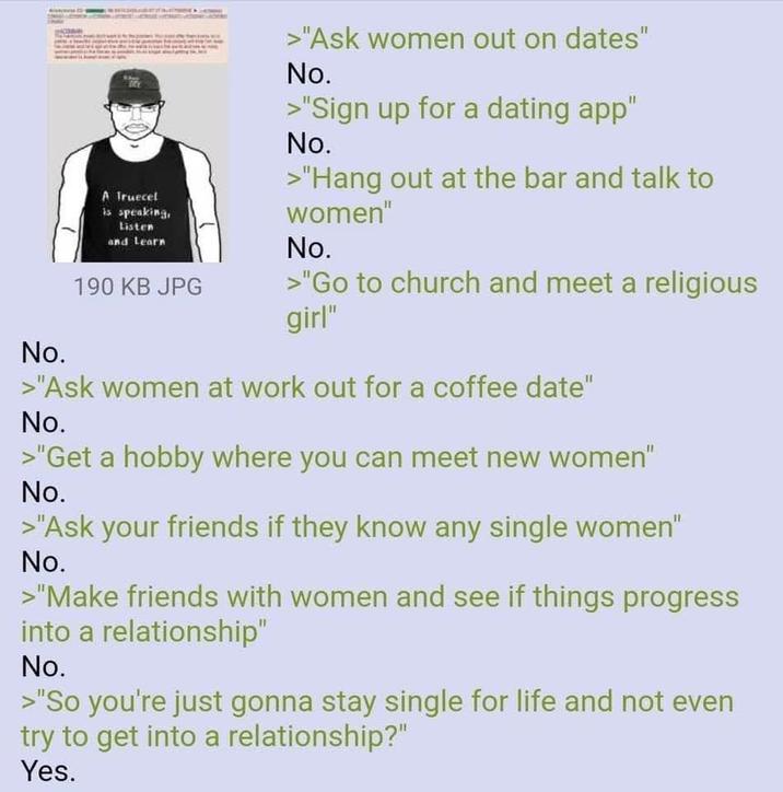 No. A Truecel is speaking, Listen and Learn 190 KB JPG >"Ask women out on dates" No. >"Sign up for a dating app" No. >"Hang out at the bar and talk to women" No. >"Go to church and meet a religious girl" >"Ask women at work out for a coffee date" No. >"Get a hobby where you can meet new women" No. >"Ask your friends if they know any single women" No. >"Make friends with women and see if things progress into a relationship" No. >"So you're just gonna stay single for life and not even try to get into a relationship?" Yes.