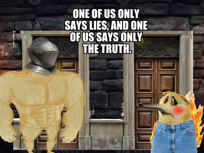 Ve ONE OF US ONLY SAYS LIES, AND ONE OF US SAYS ONLY THE TRUTH. Vecteer