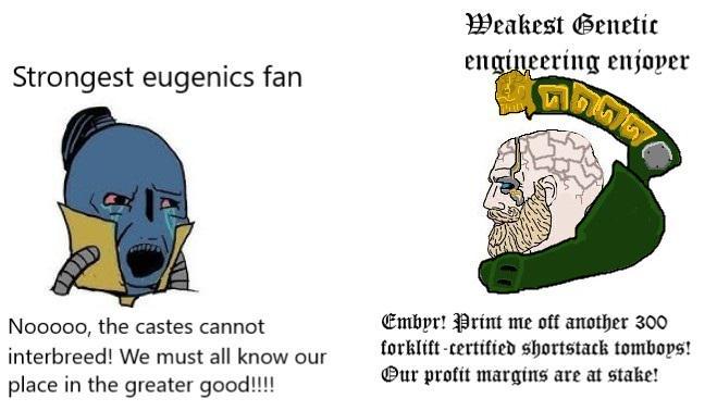 Strongest eugenics fan Weakest Genetic engineering enjoyer Nooooo, the castes cannot interbreed! We must all know our place in the greater good!!!! Embyr! Print me off another 300 forklift certified shortstack tomboys! Our profit margins are at stake!