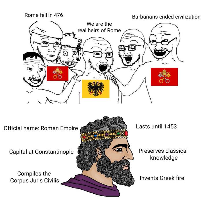 Rome fell in 476 We are the real heirs of Rome Barbarians ended civilization Official name: Roman Empire Lasts until 1453 Capital at Constantinople Preserves classical knowledge Compiles the Corpus Juris Civilis Invents Greek fire