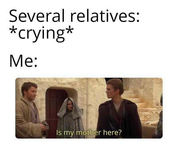 Several relatives: *crying* Me: Is my mother here?