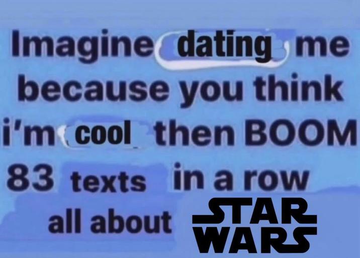 Imagine dating me because you think i'm cool then BOOM 83 texts in a row all about STAR WARS