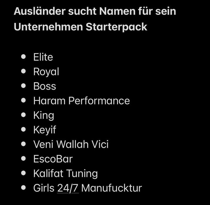 Ausländer sucht Namen für sein Unternehmen Starterpack • Elite • Royal • Boss • Haram Performance • King Keyif Veni Wallah Vici • EscoBar • Kalifat Tuning Girls 24/7 Manufucktur