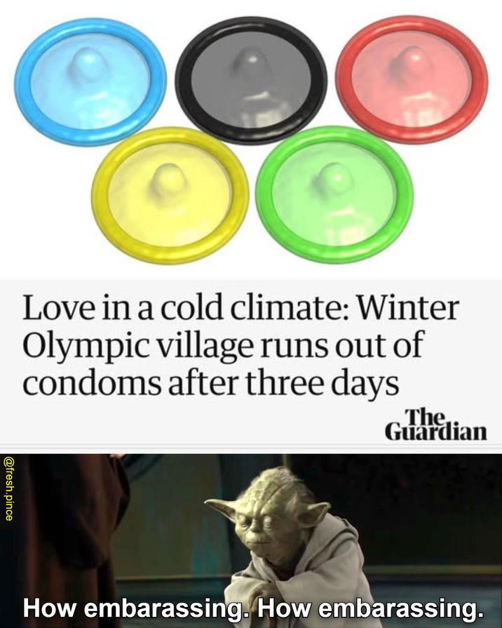 Love in a cold climate: Winter Olympic village runs out of condoms after three days The. Guardian @fresh.pince How embarassing. How embarassing.