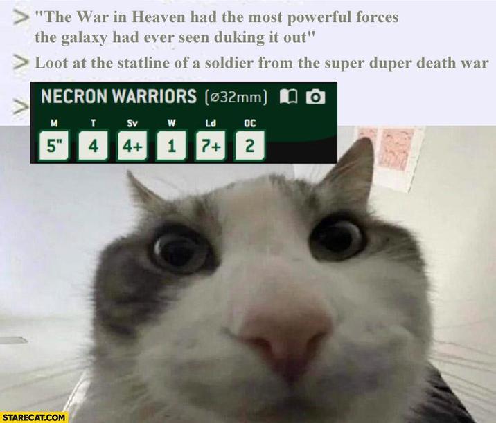 "The War in Heaven had the most powerful forces the galaxy had ever seen duking it out" Loot at the statline of a soldier from the super duper death war NECRON WARRIORS (032mm) M T Sv W Ld ос 5" 4 4+ 1 7+ 2 STARECAT.COM