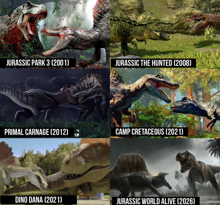 JURASSIC PARK 3 (2001) JURASSIC THE HUNTED (2008) PRIMAL CARNAGE (2012) CAMP CRETACEOUS (2021) DINO DANA (2021) JURASSIC WORLD ALIVE (2026)