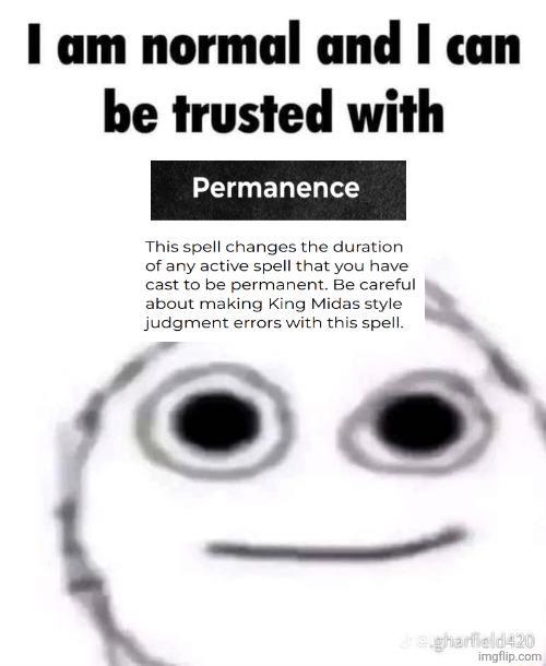 I am normal and I can be trusted with Permanence This spell changes the duration of any active spell that you have cast to be permanent. Be careful about making King Midas style judgment errors with this spell. Jegharfield420 imgflip.com