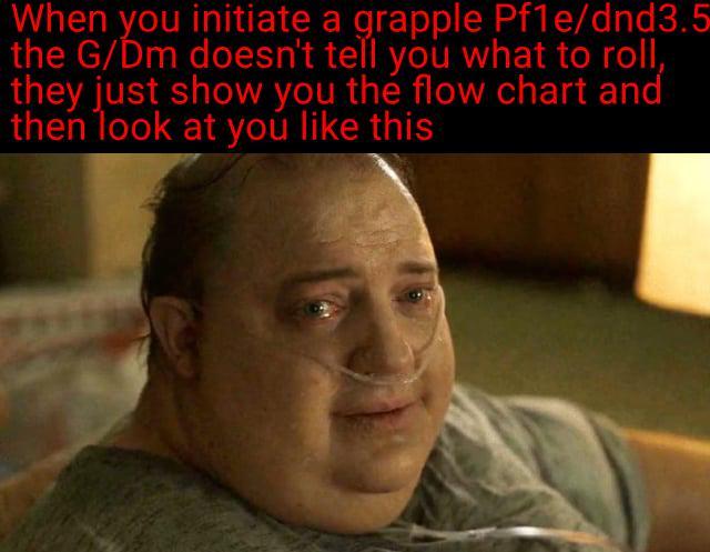 When you initiate a grapple Pf1e/dnd3.5 the G/Dm doesn't tell you what to roll, they just show you the flow chart and then look at you like this