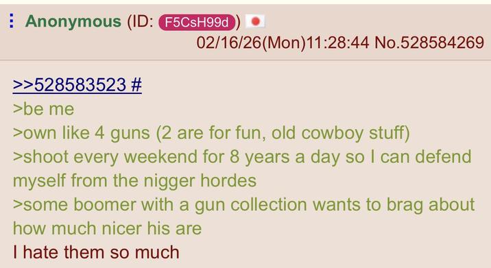 ⠀ Anonymous (ID: F5CSH99d 02/16/26(Mon)11:28:44 No.528584269 >>528583523 # >be me >own like 4 guns (2 are for fun, old cowboy stuff) >shoot every weekend for 8 years a day so I can defend myself from the n----- hordes >some boomer with a gun collection wants to brag about how much nicer his are I hate them so much
