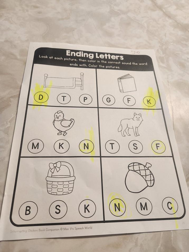 GD Ending Letters Look at each picture, then color in the correct sound the word ends with. Color the pictures. D T P G F K M B K N T S S LL F K N M C Interrupting Chicken Book Companion Miss V's Speech World