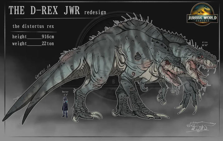 THE D-REX JWR redesign the distortus rex JURASSIC WORLD REBIRTH height weight_ 916cm 22 ton KAPROC-01 Doctor 5'4" d-rex 30'05" www