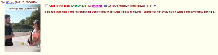 File: 55.png (140 KB, 260x349) The Average Body Count In College Chat is this real? Anonymous (ID: Jg8eul9R 102/16/26(Mon)22:44:49 No.528615741 ► If it's true then what is the reason behind wanting to f--- 55 dudes instead of having 1 bf and f--- him every night? What is the psychology behind it?