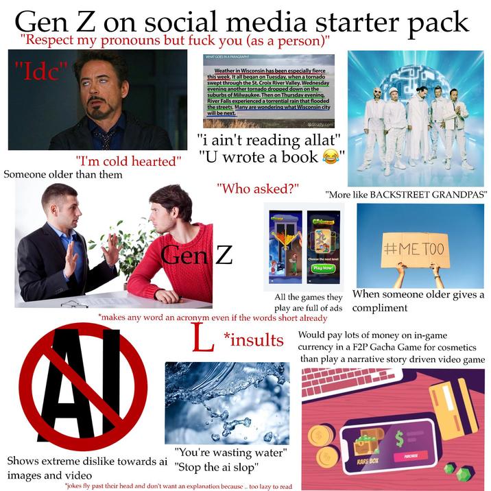 Gen Z on social media starter pack "Respect my pronouns but f--- you (as a person)" "Idc" WHAT GOES IN A PARAGRAPH? "I'm cold hearted" Someone older than them 0000 Weather in Wisconsin has been especially fierce this week. It all began on Tuesday, when a tornado swept through the St. Croix River Valley. Wednesday evening another tornado dropped down on the suburbs of Milwaukee. Then on Thursday evening, River Falls experienced a torrential rain that flooded the streets. Many are wondering what Wisconsin city will be next. Study.com "i ain't reading allat" "U wrote a book 11 "Who asked?" "More like BACKSTREET GRANDPAS" Gen Z efaldenscapes Choose the next level Play Now! #METOO All the games they play are full of ads *makes any word an acronym even if the words short already L When someone older gives a compliment *insults would pay lots of money on in-game currency in a F2P Gacha Game for cosmetics than play a narrative story driven video game "You're wasting water" Shows extreme dislike towards ai "Stop the ai slop" images and video *jokes fly past their head and don't want an explanation because.. too lazy to read $= RARE BOX PURCHASE