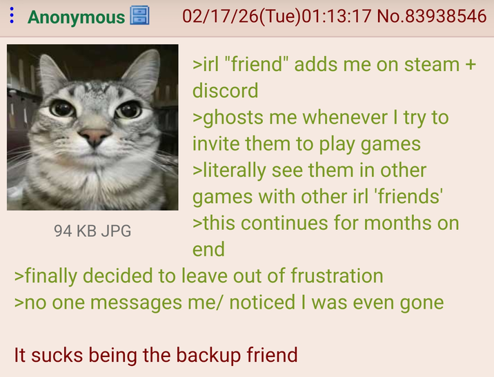 : Anonymous 94 KB JPG 02/17/26(Tue)01:13:17 No.83938546 >irl "friend" adds me on steam + discord >ghosts me whenever I try to invite them to play games >literally see them in other games with other irl 'friends' >this continues for months on end >finally decided to leave out of frustration >no one messages me/ noticed I was even gone It sucks being the backup friend