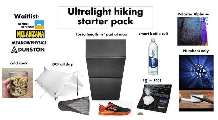 Waitlist: SENCHI DESIGNS MELANZANA COLORADO MEADOWPHYSICS ADURSTON Ultralight hiking starter pack cold soak DCF all day torso length 1/8" pad at max smart bottle cult Polartec Alpha 60 Numbers only 1g = 100$ 2382 0 GOD