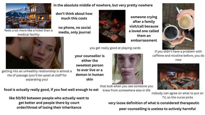 feels a lot more like a hotel than a medical facility in the absolute middle of nowhere, but very pretty nowhere don't think about how much this costs no phone, no social media, only journal getting into an unhealthy relationship is almost a rite of passage (you'll be upset at staff for separating you) someone crying after a family visit/call because a loved one called them an embarrassment you get really good at playing cards your counsellor is either the sweetest person to ever live or a demon in human skin food is actually really good, if you feel well enough to eat like 50/50 between people who actually want to get better and people there by court order/threat of losing their inheritance HAH..FUNNY that look when you see someone you knew from somewhere else in life if you didn't have a problem with caffeine and nicotine before, you do now nobody can agree on what to put on TV, so the nurse picks very loose definition of what is considered therapeutic peer counselling is useless to actively harmful