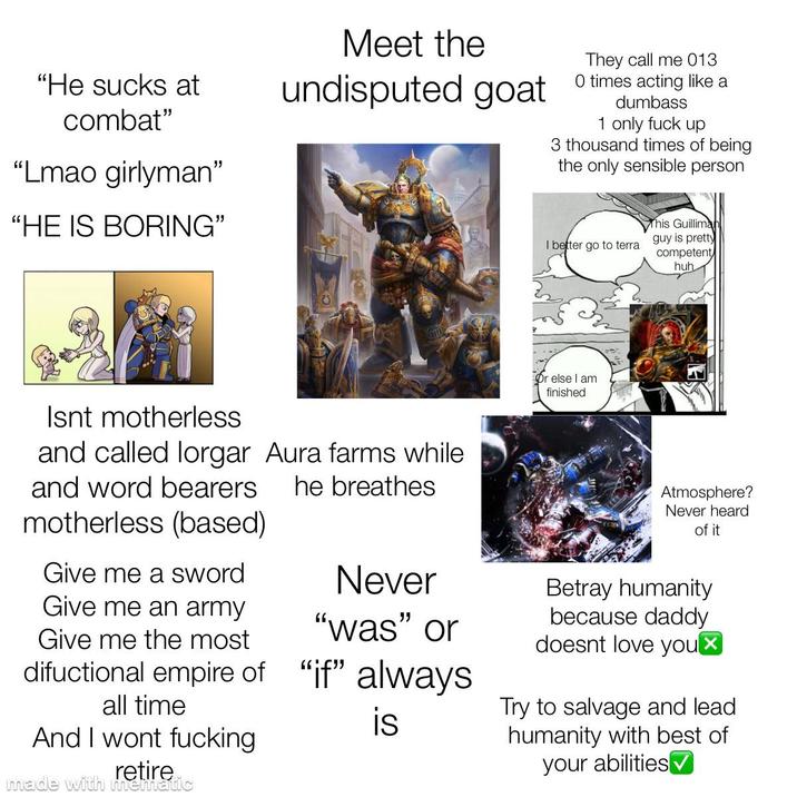 "He sucks at combat" "Lmao girlyman" "HE IS BORING" Meet the undisputed goat They call me 013 O times acting like a dumbass 1 only f--- up 3 thousand times of being the only sensible person I better go to terra This Guilliman guy is pretty competent huh Isnt motherless and called lorgar Aura farms while and word bearers motherless (based) Give me a sword he breathes Or else I am finished Atmosphere? Never heard of it Give me an army Give me the most all time Never "was" or Betray humanity because daddy doesnt love you ☑ difuctional empire of "if" always And I wont f------ retire made with mematic is Try to salvage and lead humanity with best of your abilities