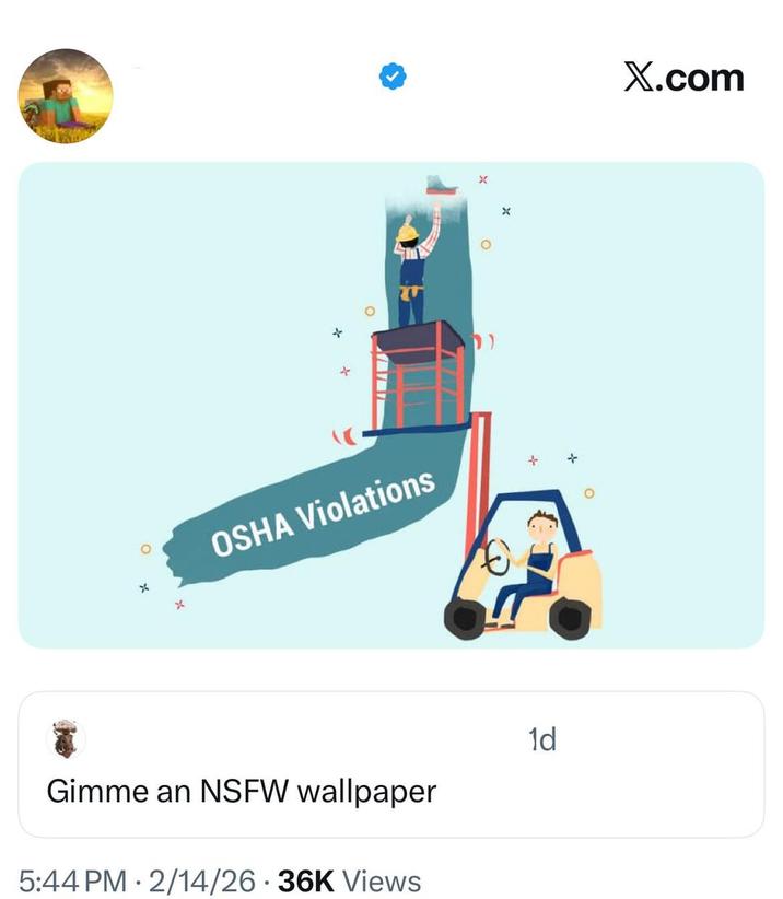 ++... + * OSHA Violations Gimme an wallpaper 5:44 PM 2/14/26 36K Views • X X 1d X.com