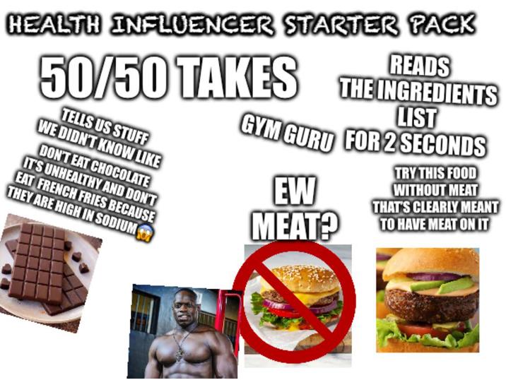 HEALTH INFLUENCER STARTER PACK READS 50/50 TAKES THE INGREDIENTS TELLS US STUFF WE DIDN'T KNOW LIKE DON'T EAT CHOCOLATE IT'S UNHEALTHY AND DON'T EAT FRENCH FRIES BECAUSE THEY ARE HIGH IN SODIUM LIST GYM GURT FOR 2 SECONDS EW MEAT? TRY THIS FOOD WITHOUT MEAT THAT'S CLEARLY MEANT TO HAVE MEAT ON IT
