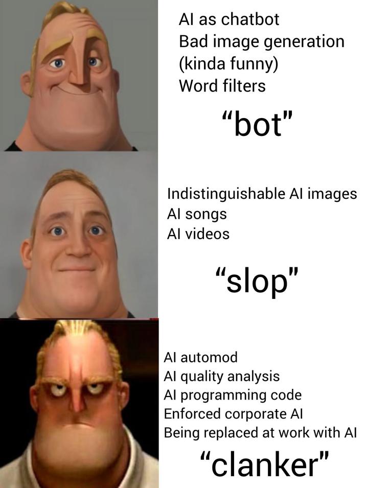 Al as chatbot Bad image generation (kinda funny) Word filters "bot" Indistinguishable Al images Al songs Al videos "slop" Al automod Al quality analysis Al programming code Enforced corporate Al Being replaced at work with Al "clanker"