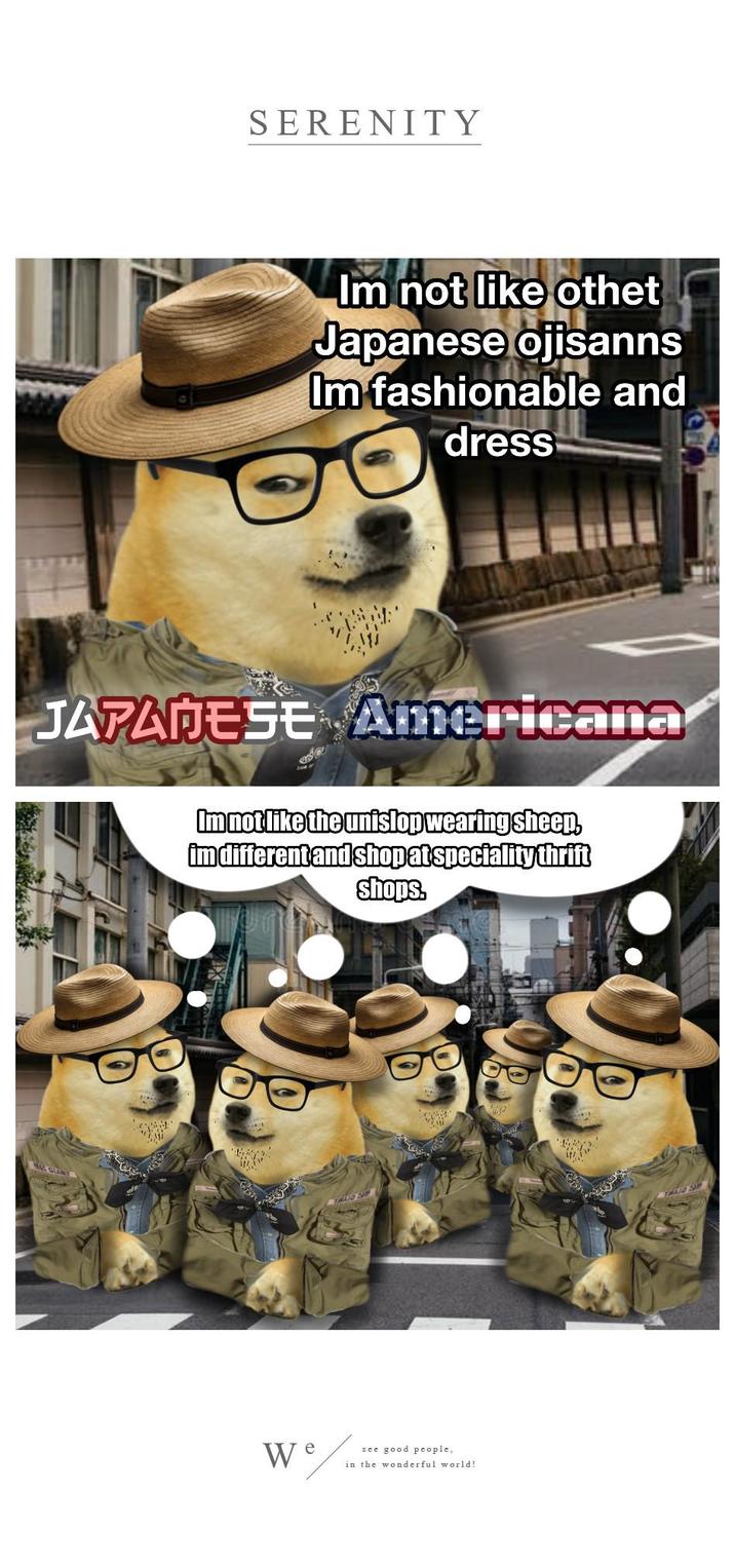 SERENITY Im not like othet Japanese ojisanns Im fashionable and dress JAPANESE Americana Im not like the unislop wearing sheep, im different and shop at speciality thrift shops. we/ see good people, in the wonderful world!