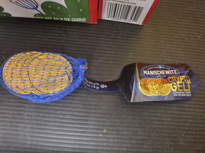 NET WT 12.3 oz (348g) COLATE oz (18 g) EYES PRODUCT OF CHINA 16000 19345 comfort food for the sou MANISCHEWITZ ANISCH ERATIONS ESTR 1888 CRYPTO MOGELT ATIONS OF NS OF OF AUD CHANUKAH COINS FOR THE NEW AGE(s)
