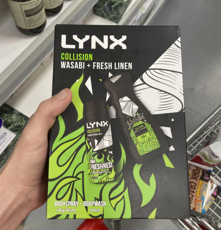 Chick Ivor PLAYTO LYNX COLLISION WASABI + FRESH LINEN LYNX COLLISION WASABI&FRESH LINEN LYNX COLLISION WASABI FRESH LINEN BODY FACE HA 3 IN 1 48H FRESHNESS GEODORANT BODYSPRAY BODYSPRAY+BODYWASH 106g/165mL 400mL CROWAVE PORK CRACK