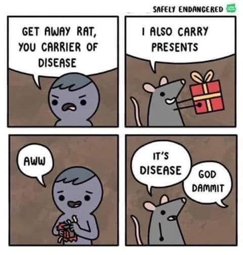 GET AWAY RAT, YOU CARRIER OF DISEASE SAFELY ENDANGERED I ALSO CARRY PRESENTS AWW IT'S DISEASE GOD DAMMIT