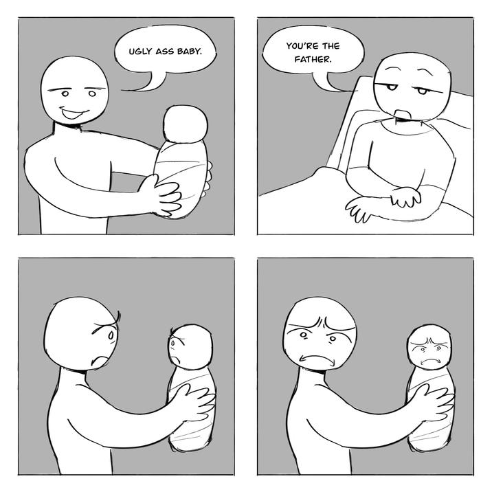 A comic by Tumblr user and artist sillygoose-xp. The comic is about a father and his ugly baby.