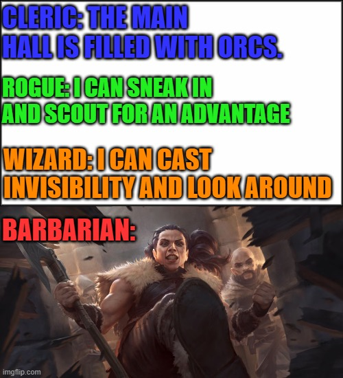 CLERIC: THE MAIN HALL IS FILLED WITH ORCS. ROGUE (CAN SNEAKIN AND SCOUT FOR AN ADVANTAGE WIZARD:ICAN CAST INVISIBILITY AND LOOK AROUND BARBARIAN: imgflip.com