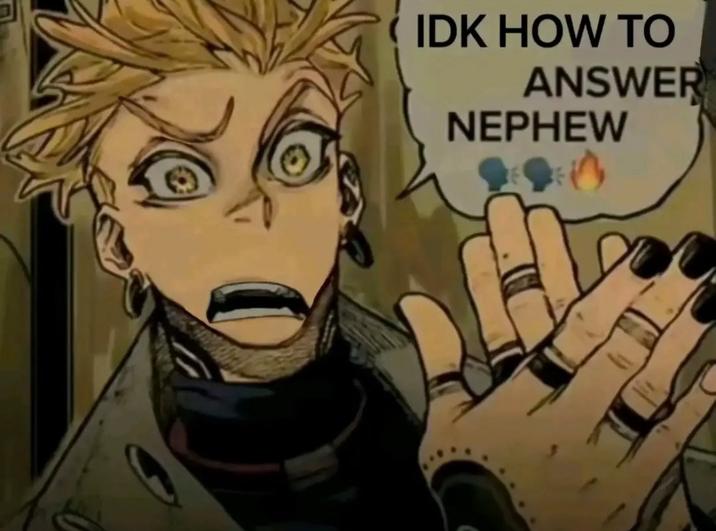 A version of the Enjin "good answer nephew" meme. This one reads, "idk how to answer nephew."