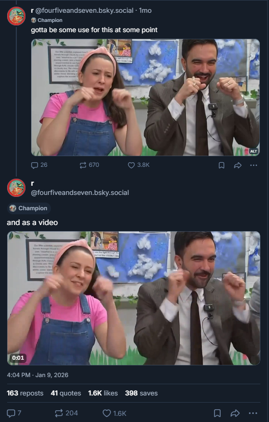 This was the first known isolated capture of the moment when Zohran Mamdani and Ms Rachel fake cried for use as meme purposes. The user posted the video as a reply to their own still-image post which first isolated the crying moment as a potential meme. Both posts were made in reply to Parker Molloy's posting of the NY1 clip on Bluesky before Molloy began her twitter thread (which further amplified the meme's reach)