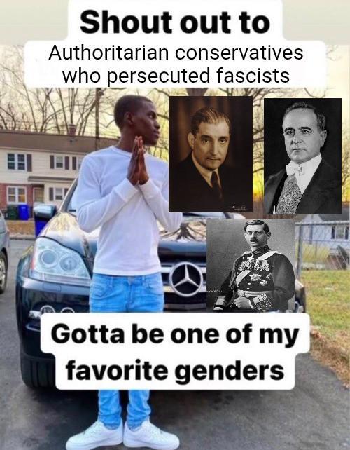 Shout out to Authoritarian conservatives who persecuted fascists Gotta be one of my favorite genders