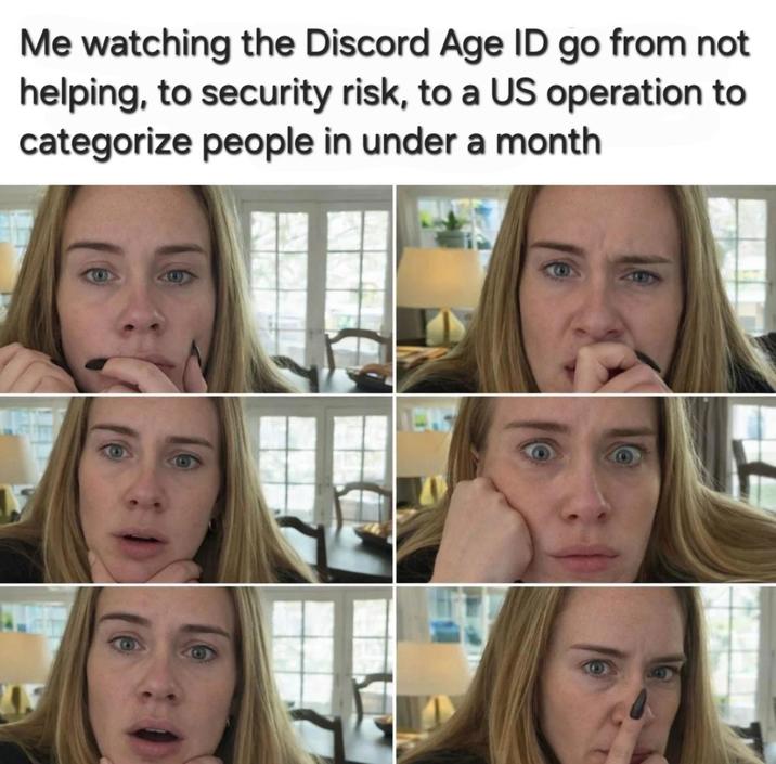 Me watching the Discord Age ID go from not helping, to security risk, to a US operation to categorize people in under a month ER