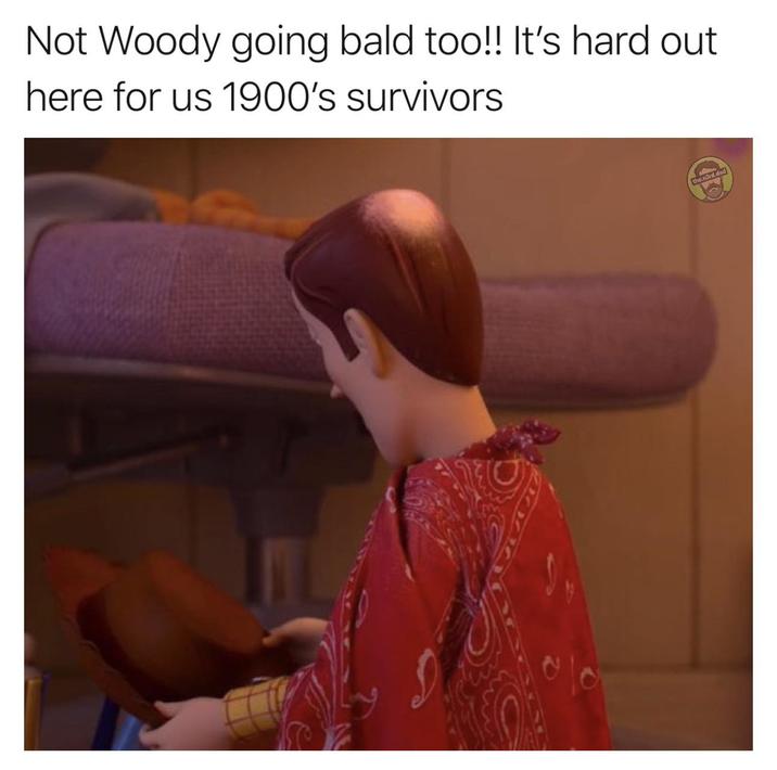 An image macro meme of Woody balding. It is about being a 1900s survivor.