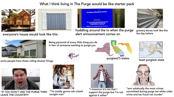 What I think living in The Purge would be like starter pack Emergency Broadcast System everyone's house would look like this KINOBSCURA This is not a test. This is your Emergency Broadcast System announcing the commencement of The Annual Purge sanctioned by the U.S. Government. Weapons of Class 4 and lower have been authorized for huddling around the tv when the purge grocery stores look like this alert announcement comes on do Being paranoid of every little thing you in fear of someone wanting to purge you some people have these rolling shutter things Purged Watertown Osweg Erie Canal ⚫Rochester Buffalo 30 17 380 Binghamton NEW YORK 17 Schenectady Albany 87 New York City purgiest(?) states the day before 160 ALASKA CITIES State capital Borough central BOUNDARIES International -Borough RUSSIA Utgiagvik NORTH SLOPE NORTHWEST Kotzebue ARCTIC UNORGANIZED BOROUGH FAIRBANKS DENALL Palmer Healy MATANUSKA SUSITNA Anchorage ANCHORAGE SITKA CANADA KETCHIKAN GATEWAY CANADA NEAU KENA PENINSULA Yakuts YAKUTAT SITKA SA KETCHIRAN GATEWAY Nak Kind Salmon Kodiak Na KODIAK ISLAND ALEUTIANS EAST RENINSULA *Sand Point Encyclopædia Britannica, Inc. 120 240 km least purgiest state UNH "IF YOU DON'T LIKE THE PURGE THEN "I'm totally gonna rob a bank LEAVE THE COUNTRY!!" tonight man" "I meannnn it's not that I the support purge but I'm not against it either" "erm ackshually the most crimes committed during purge are white collar crime and tax fraud not murder"