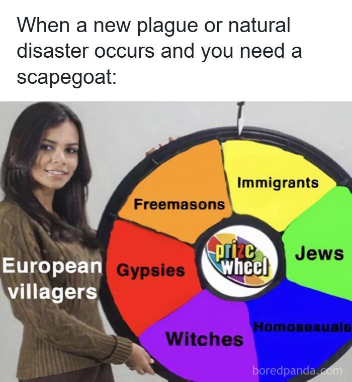 When a new plague or natural disaster occurs and you need a scapegoat: Immigrants Freemasons prize wheel Jews European Gypsies villagers Homosexuals Witches boredpanda.com