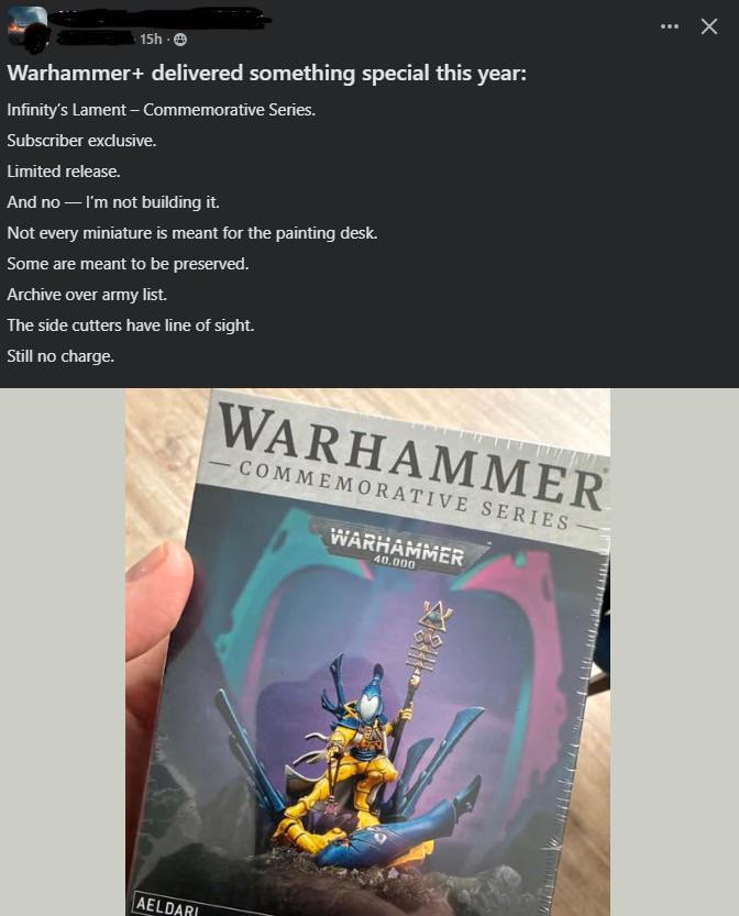 15h.→ Warhammer+ delivered something special this year: Infinity's Lament - Commemorative Series. Subscriber exclusive. Limited release. And no― I'm not building it. Not every miniature is meant for the painting desk. Some are meant to be preserved. Archive over army list. The side cutters have line of sight. Still no charge. WARHAMMER COMMEMORATIVE SERIES WARHAMMER 40.000 AELDARI 48