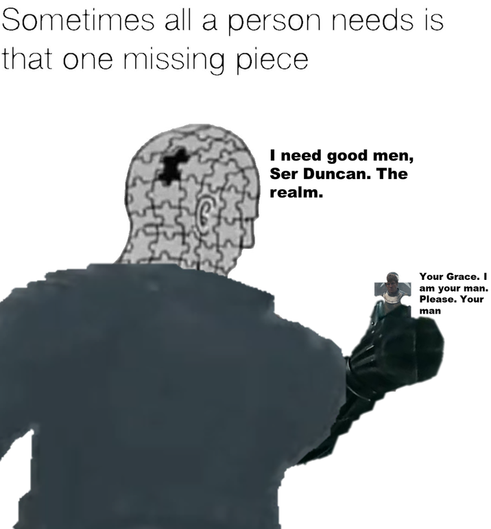 Sometimes all a person needs is that one missing piece I need good men, Ser Duncan. The realm. Your Grace. I am your man. Please. Your man