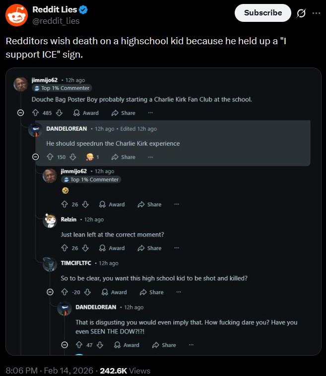 Reddit Lies @reddit_lies Subscribe 0 Redditors wish death on a highschool kid because he held up a "I support ICE" sign. jimmijo62 - 12h ago Top 1% Commenter Douche Bag Poster Boy probably starting a Charlie Kirk Fan Club at the school. 485 Award Share... DANDELOREAN. 12h ago. Edited 12h ago He should speedrun the Charlie Kirk experience 150 jimmijo62 .12h ago Top 1% Commenter 26 Share Award Share Relzin - 12h ago Just lean left at the correct moment? ✩ 26 Award Share TIMCIFLTFC - 12h ago So to be clear, you want this high school kid to be shot and killed? 20 Award DANDELOREAN - 12h ago Share That is disgusting you would even imply that. How f------ dare you? Have you even SEEN THE DOW?!?! 47 Award Share 8:06 PM - Feb 14, 2026 242.6K Views