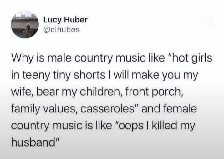 Lucy Huber @clhubes Why is male country music like "hot girls in teeny tiny shorts I will make you my wife, bear my children, front porch, family values, casseroles" and female country music is like "oops I killed my husband"