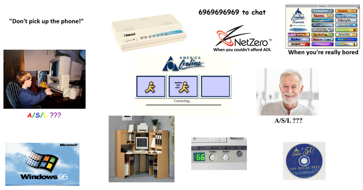 "Don't pick up the phone!" A/S/L ??? Microsoft Microsoft Windows 95 Robotics AMERICA 6969696969 to chat Online = Connecting... ✓ NetZero NetZero™ When you couldn't afford AOL AMERICA Online Channels Return to Welcome Search AOL Today NEWS SPORTS Channels Influence TRAVEL international Personal Finance GAMES Interests Lifestyles Shopping Computing families Research Learn KIDS ONLY entertainment Local 1 WorkPlaceHealth When you're really bored POWER 66 TURBO TURBO RESET A/S/L ??? MERIC Online 5.0 500 HOURS FREE