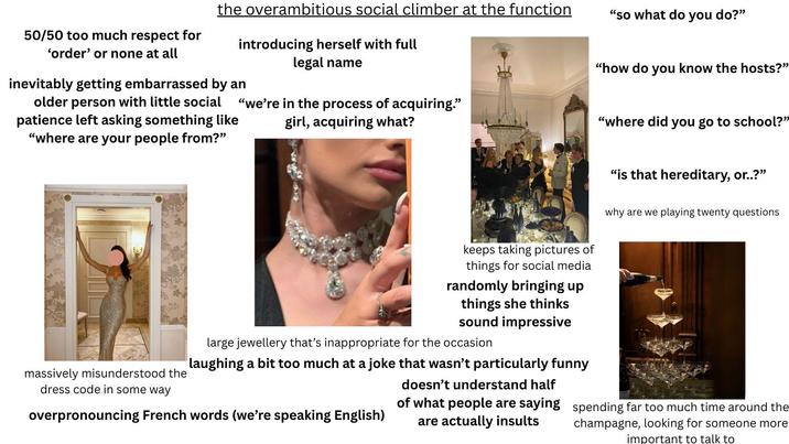 50/50 too much respect for 'order' or none at all the overambitious social climber at the function introducing herself with full legal name "so what do you do?" "how do you know the hosts?" "we're in the process of acquiring." girl, acquiring what? "where did you go to school?" inevitably getting embarrassed by an older person with little social patience left asking something like "where are your people from?" keeps taking pictures of things for social media randomly bringing up things she thinks sound impressive large jewellery that's inappropriate for the occasion laughing a bit too much at a joke that wasn't particularly funny doesn't understand half massively misunderstood the dress code in some way of what people are saying overpronouncing French words (we're speaking English) are actually insults "is that hereditary, or..?" why are we playing twenty questions spending far too much time around the champagne, looking for someone more important to talk to