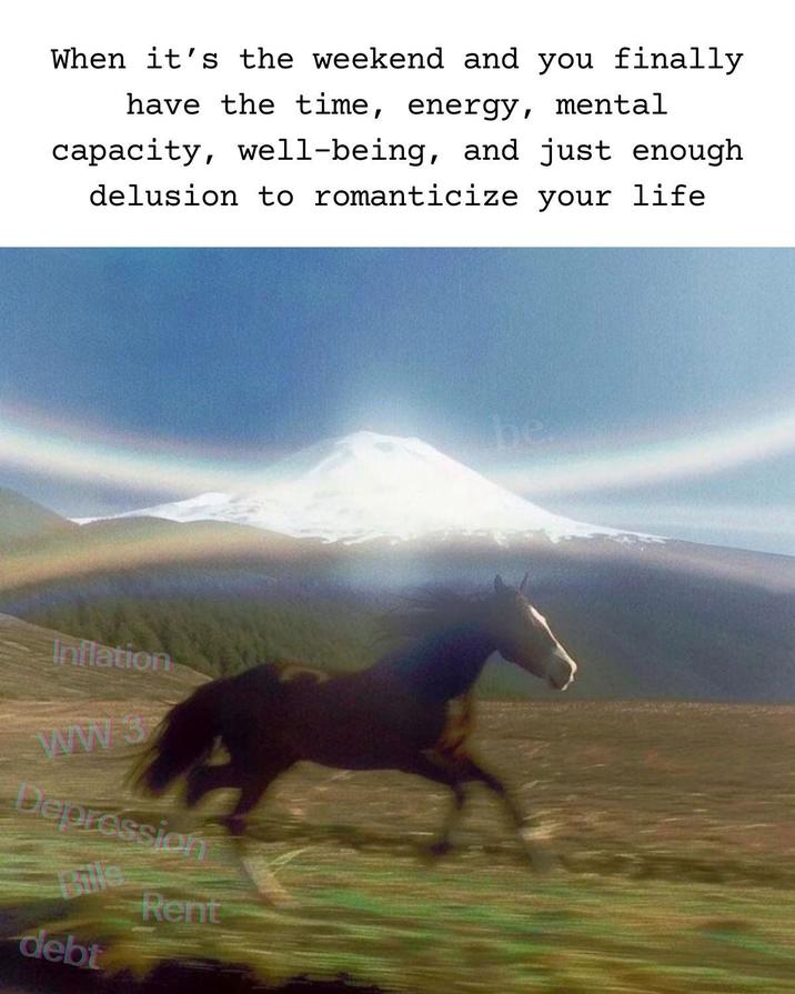 When it's the weekend and you finally have the time, energy, mental capacity, well-being, and just enough delusion to romanticize your life Inflation ww3 Depression Bills debt Rent be