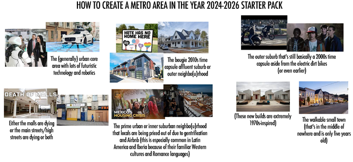 HOW TO CREATE A METRO AREA IN THE YEAR 2024-2026 STARTER PACK The (generally) urban core area with lots of futuristic technology and robotics DEATH OF MALLS Either the malls are dying or the main streets/high streets are dying or both In Season FRO HATE HAS NO HOME HERE THE TAKE AIRBNB ve The bougie 2010s time capsule affluent suburb or outer neighbo(u)rhood The outer suburb that's still basically a 2000s time capsule aside from the electric dirt bikes (or even earlier) MEXICO'S HOUSING CRISIS The prime urban or inner suburban neighbo(u)rhood that locals are being priced out of due to gentrification and Airbnb (this is especially common in Latin America and Iberia because of their familiar Western cultures and Romance languages) (These new builds are extremely 1970s-inspired) The walkable small town (that's in the middle of nowhere and is only five years old)