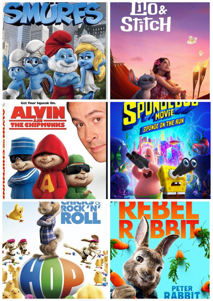 SMURFS LO& Stitch Get Your Squeak On. ALVIN AND THE CHIPMUNKS SPONDED SPONGE ON THE RUN MIN ↑72 CHIPMUNK SAP 00 00 MNIVA& ROCK'N' ROLL REBEL RABBIT PETER RABBIT