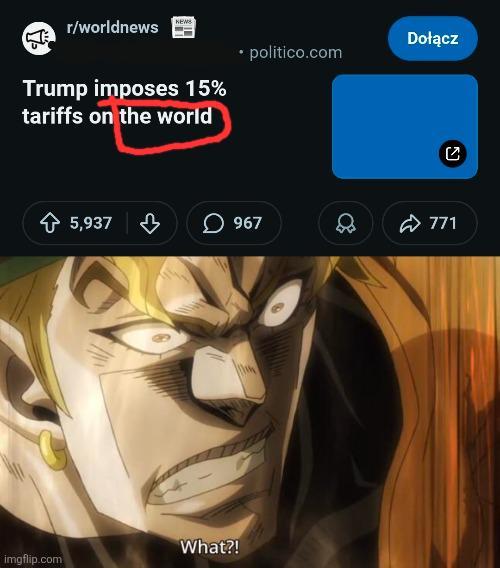 NEWS r/worldnews Trump imposes 15% tariffs on the world Dołącz ⚫ politico.com C + 5,937 967 771 What?! imgflip.com