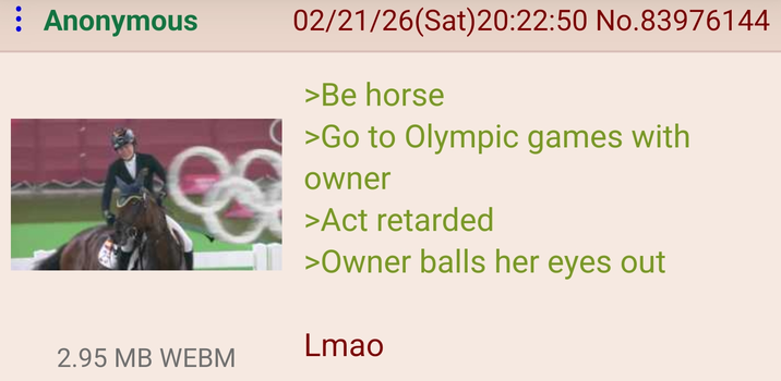 : Anonymous 02/21/26(Sat)20:22:50 No.83976144 >Be horse >Go to Olympic games with owner >Act retarded >Owner balls her eyes out Lmao 2.95 MB WEBM