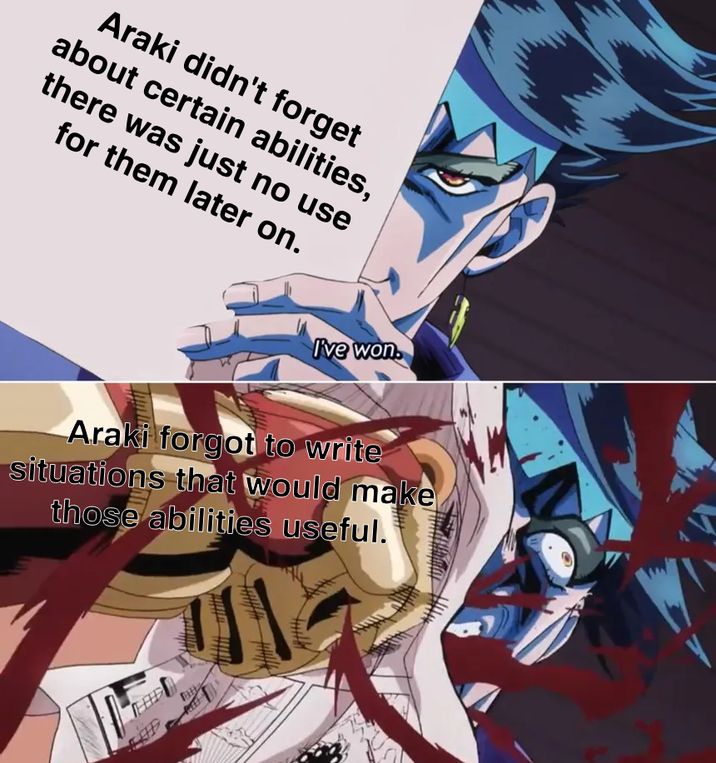 Araki didn't forget about certain abilities, there was just no use for them later on. I've won Araki forgot to write situations that would make those abilities useful.